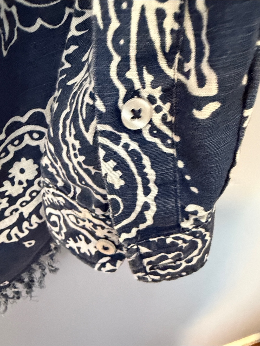 Tizzie Oversized Navy Paisley Fringe Hem Shirt Boho Linen Cotton Blend - Picture 11 of 13